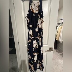 Flowy Maxi Halter Dress with Slit - Blue, White and Brown Floral Print